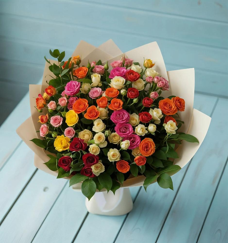 Букет Микс из разноцветных кустовых роз в Новомеловатке