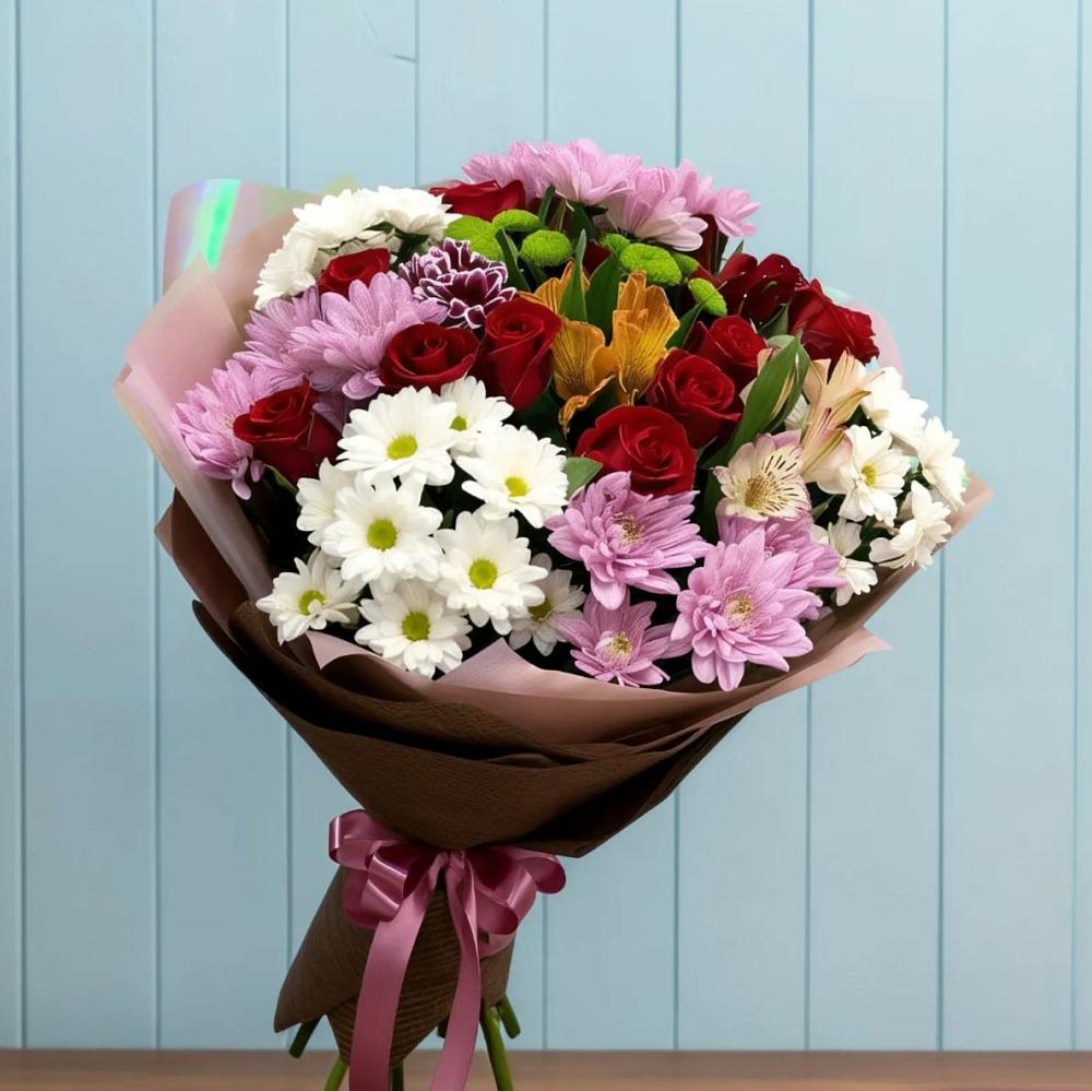 Букет цветов из: Розы, Хризантемы и Альстромерии в Новомеловатке