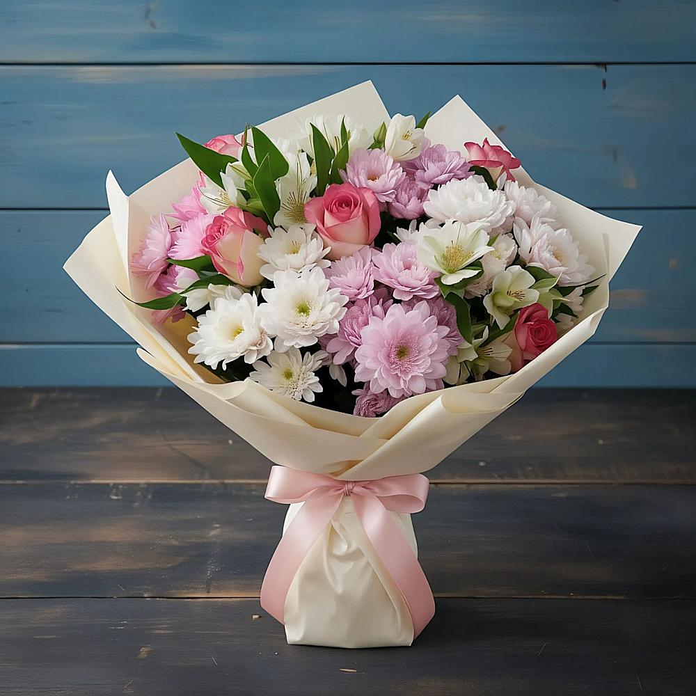 Букет цветов из: Хризантемы, Альстромерии и Розы в Новомеловатке